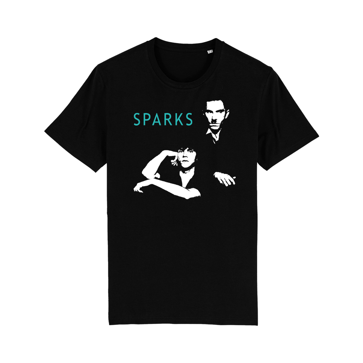 Black t-shirt with a white graphic design featuring two figures and the text ’SPARKS’ in teal lettering.